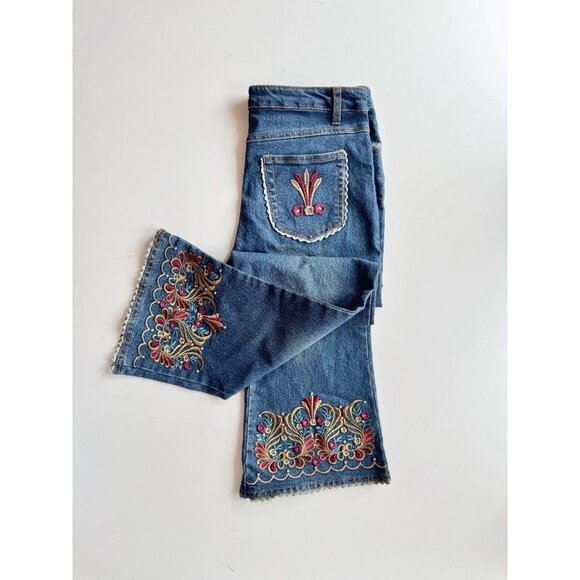 Vintage 00's VENUS Floral Embroidered High Rise Cropped Kick Flare Jeans Size 30 - Picture 1 of 16